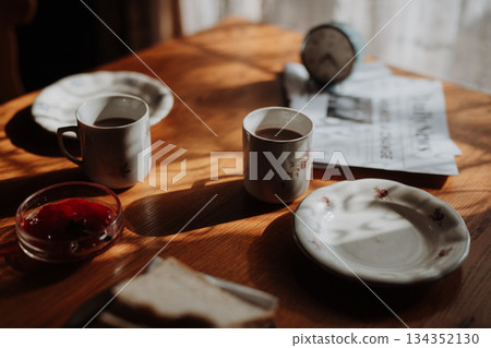 Vintage breakfast moment in natural light. 134352130