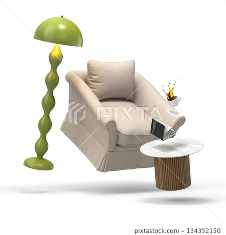Zero gravity white interior living room 3 D Illustration Zero gravity white interior living room 3 D Illustration 134352150