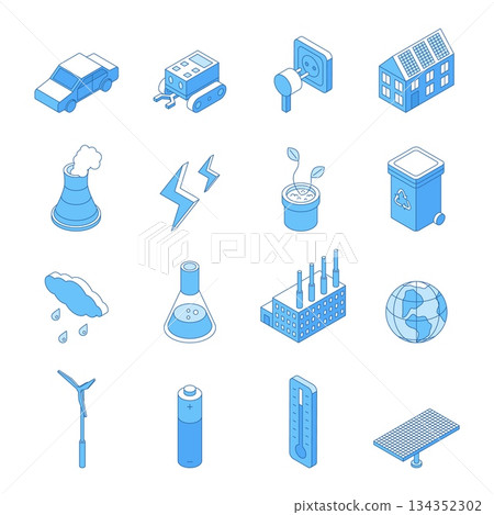 Green energy outline isometric. Global warming weather problems, clean power and energy icons. Solar panels, smart house, e-car, nifty vector set Green energy outline isometric. Global warming weather problems, clean power and energy icons. Solar panels, smart house, e-car, nifty vector set 134352302
