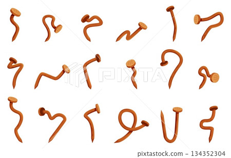 Rusty nails. Curved nail, old style hobnails cartoon icons. Industrial and repair equipment. Carpentry tools, iron elements for hanging and fastening, sapid vector set 134352304