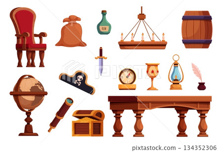 Pirate accessories and furniture. Ship interior elements, candles drink cup lantern. Adventures boat cabin furnitures. Wooden chair table globe, sapid vector clipart 134352306