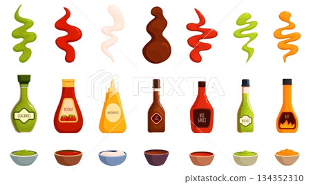 Sauces in bowls. Ketchup mayonnaise mustard chili soy drops splash. Sauce in bowl, tasty various dressing for food, lunch meals, meat, sapid vector clipart Sauces in bowls. Ketchup mayonnaise mustard chili soy drops splash. Sauce in bowl, tasty various dressing for food, lunch meals, meat, sapid vector clipart 134352310