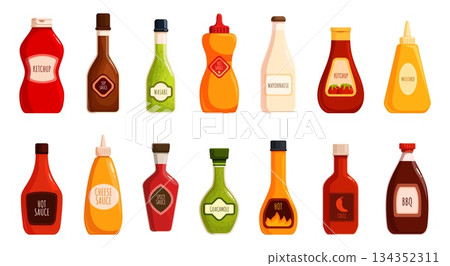 Cartoon sauce bottles. Ketchup wasabi cheese, mayonnaise and chili sauces. Food topping in plastic or glass bottle. Packaging sapid vector clipart 134352311