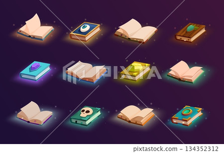 Open magic books. Closed opened notebooks with empty pages, decorative templates. Witchcraft book with amulets, gemstones, skull, sapid vector set Open magic books. Closed opened notebooks with empty pages, decorative templates. Witchcraft book with amulets, gemstones, skull, sapid vector set 134352312
