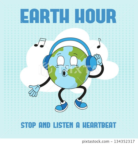 Earth hour poster. Retro style planet character listen music in headphones. Energy save banner template, eco life concept, neoteric vector concept 134352317