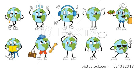 Groovy earth planet character. Retro style earth stickers, funny characters listen music, thinking, reading, travel. Vintage mascots, neoteric vector set 134352318