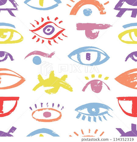 Grunge eyes seamless pattern. Quirky human mystic eye, colorful brush drawing elements. Vibrant decorative face elements, abstract print, neoteric vector background 134352319
