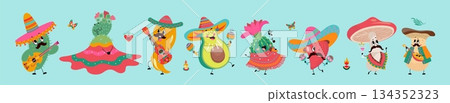 Mexican vegetables characters. Cinco de mayo festival, positive peppers in sombrero, avocado, mushroom and cactus dancing, play music, nowaday vector set Mexican vegetables characters. Cinco de mayo festival, positive peppers in sombrero, avocado, mushroom and cactus dancing, play music, nowaday vector set 134352323