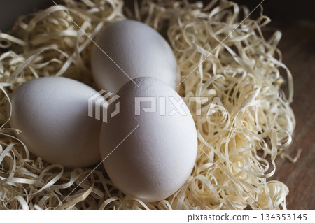 Three fresh white eggs nestled in a rustic bed of wood shavings,Horizontal real picture 134353145