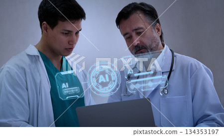 Using AI. Doctors collaborating and using futuristic AI holographic interfaces. They review digital health diagnostics analyze medical ai data. Discuss patient insights via ai healthcare technology. Using AI. Doctors collaborating and using futuristic AI holographic interfaces. They review digital health diagnostics analyze medical ai data. Discuss patient insights via ai healthcare technology. 134353197