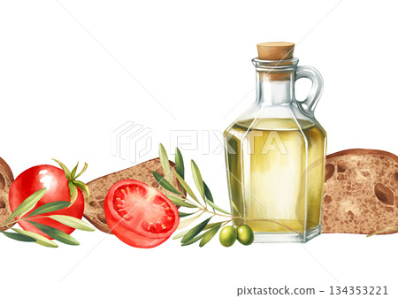 Seamless illustration of a horizontal border with hand-drawn olive oil bottle, fresh tomatoes, olive branches and sliced rustic bread. Perfect design for restaurant menu border, kitchen posters, or 134353221