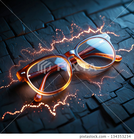 Futuristic eyeglasses with glowing energy on dark stone. Futuristic eyeglasses with vibrant amber frames rest on dark, textured stone tiles. 134353234