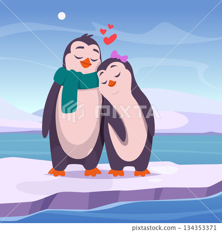 Penguin couple. north pole with happy couple of standing penguins in love Penguin couple. north pole with happy couple of standing penguins in love 134353371