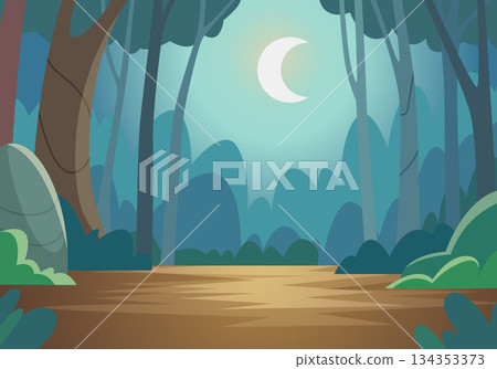 Moon landscape. forest outdoor background with moonlight. vector background in cartoon style 134353373
