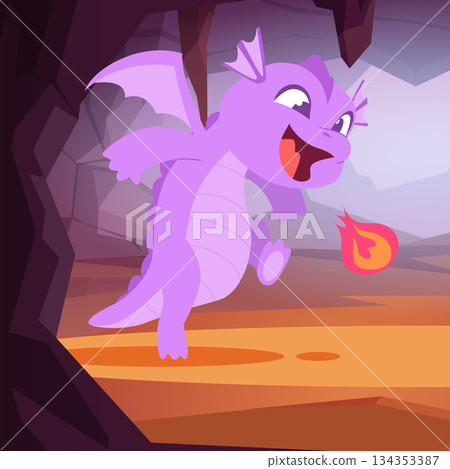 Dragon. fairy tale kid dragon in cave. vector background 134353387