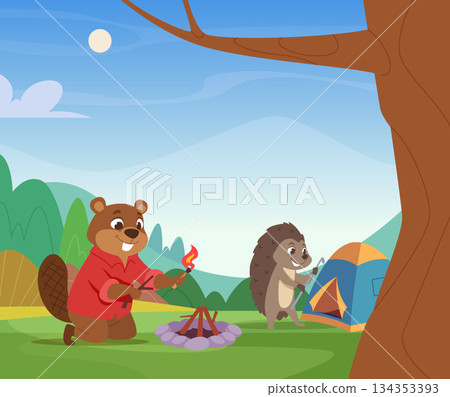 Camping animals. wild outdoor animals in forest have rest in camp place Camping animals. wild outdoor animals in forest have rest in camp place 134353393
