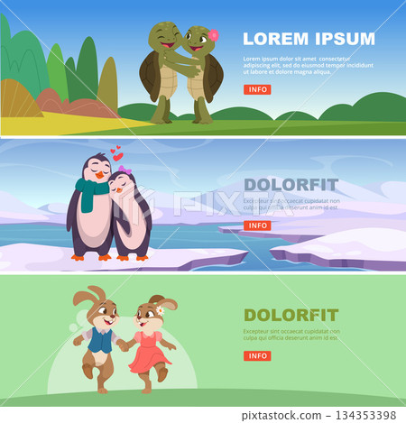 Animal couples. cartoon banners with animals in love. template with place for text 134353398