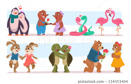 Animals in love. Romantic couples of different cute animals exact vector cartoon template 134353404