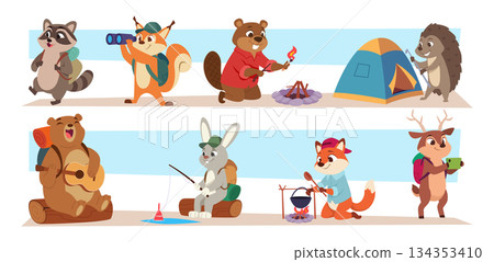 Animals outdoor. Hiking animals exploring forest exact vector characters hiking Animals outdoor. Hiking animals exploring forest exact vector characters hiking 134353410