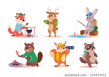 Hiking animals. Forest adventure time of wild cartoon animals exact vector outdoor exploration characters with backpack Hiking animals. Forest adventure time of wild cartoon animals exact vector outdoor exploration characters with backpack 134353412