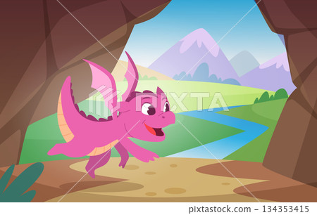 Dragon background. Fairytale illustration with fantasy little baby dragon exact vector template in cartoon style Dragon background. Fairytale illustration with fantasy little baby dragon exact vector template in cartoon style 134353415