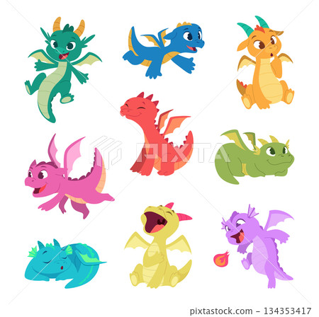 New born dragons. Little kids of fairytale dragons in cartoon style exact vector dinosaur characters 134353417