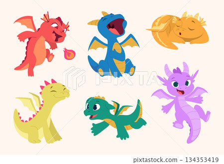 Dragon kids. Little fantasy characters newborn dragons or flying dinosaur exact vector cartoon pictures 134353419