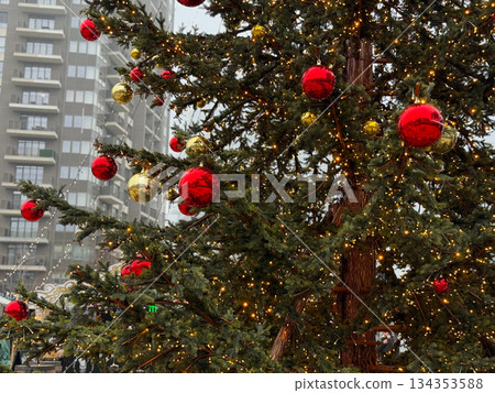 Close up of Christmas tree branches with red and gold ornaments. Festive detail, holiday decoration and warm winter lighting 134353588
