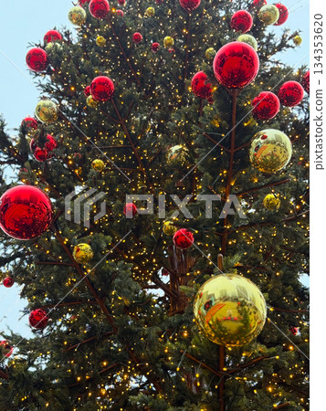 Close up of Christmas tree branches with red and gold ornaments. Festive winter decor, seasonal details and holiday atmosphere in urban space Close up of Christmas tree branches with red and gold ornaments. Festive winter decor, seasonal details and holiday atmosphere in urban space 134353620