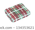 Christmas red and green checkered blanket. Watercolor illustration of a folded fabric with gingham print. Hand drawn vintage sketch on white isolated background. Water color painting art image 134353621