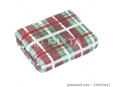 Christmas red and green checkered blanket. Watercolor illustration of a folded fabric with gingham print. Hand drawn vintage sketch on white isolated background. Water color painting art image Christmas red and green checkered blanket. Watercolor illustration of a folded fabric with gingham print. Hand drawn vintage sketch on white isolated background. Water color painting art image 134353621