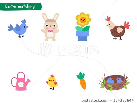 Easter matching activity with cute animals and spring elements. Holiday puzzle with bunny, carrot, bird, nest, flower, watering can, hen, chick. Match objects game, printable worksheet, puzzle Easter matching activity with cute animals and spring elements. Holiday puzzle with bunny, carrot, bird, nest, flower, watering can, hen, chick. Match objects game, printable worksheet, puzzle 134353644