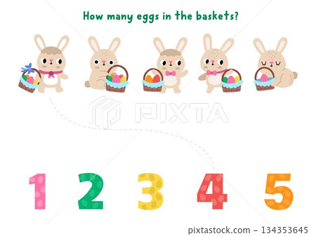 Match the numbers simple Easter game with bunny baskets with colored eggs. Spring holiday math activity for preschool kids. Educational counting worksheet with cute animals 134353645
