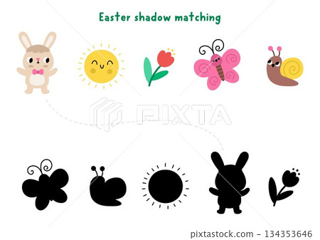 Easter village shadow matching activity with holiday symbols. Spring puzzle with cute bunny, sun, tulip, butterfly, snail. Find correct silhouette printable worksheet, game, page for kids 134353646