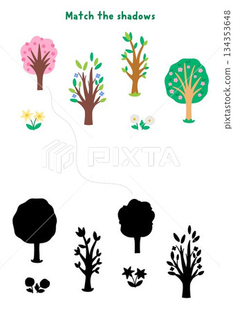 Easter village shadow matching activity with holiday symbols. Spring puzzle with cute blooming trees and flowers. Find correct silhouette printable worksheet, game, page for kids Easter village shadow matching activity with holiday symbols. Spring puzzle with cute blooming trees and flowers. Find correct silhouette printable worksheet, game, page for kids 134353648