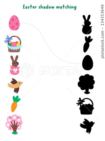 Easter village shadow matching activity with holiday symbols. Spring puzzle with cute chocolate bunny, egg, basket, bird, carrot, tree. Find correct silhouette printable worksheet, game, page for 134353649