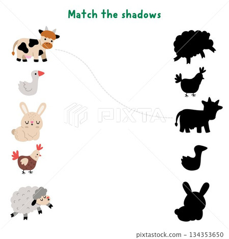 Easter village shadow matching activity with farm animals, birds. Spring holiday puzzle with cute cow, goose, bunny, hen, sheep. Find correct silhouette printable worksheet, game, page for kids 134353650