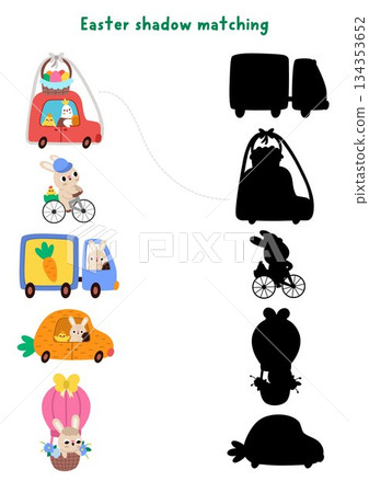 Easter village shadow matching activity. Spring holiday puzzle with cute bunny driving car, truck, bike, flying on hot air balloon. Find correct silhouette printable worksheet, game, page for kids 134353652