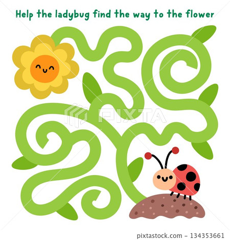 Easter village maze for children with ladybug searching way to flower. Funny simple square labyrinth game with cute ladybird, sunflower. Spring holiday printable activity, worksheet with insect Easter village maze for children with ladybug searching way to flower. Funny simple square labyrinth game with cute ladybird, sunflower. Spring holiday printable activity, worksheet with insect 134353661