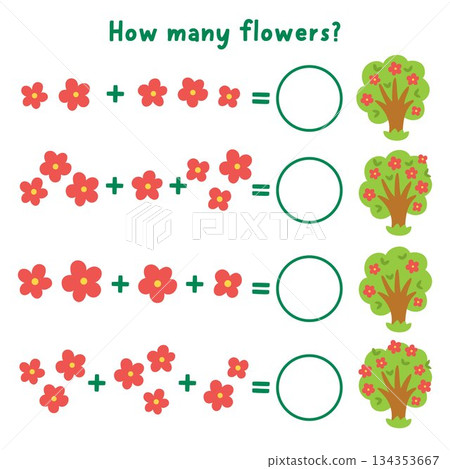 How many flowers game with cute blooming trees. Spring holiday math addition activity for preschool children. Simple printable counting worksheet for kids with garden plant 134353667