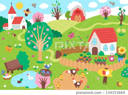Vector Easter village landscape. Rural nature scene with roads, chapel, country house, barn. Spring holiday background for kids with church, blooming trees, birds, sun, garden. Egg hunt scenery 134353669