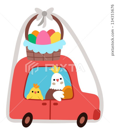 Vector hen driving a car with colored egg basket gift and chick passenger icon. Farm bird driver picture. Cute spring animal illustration for kids. Funny chicken clipart isolated on white background Vector hen driving a car with colored egg basket gift and chick passenger icon. Farm bird driver picture. Cute spring animal illustration for kids. Funny chicken clipart isolated on white background 134353676