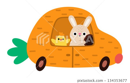 Vector Easter bunny driving a carrot shaped car with chick passenger icon. Rabbit driver picture. Cute spring or farm animal illustration for kids. Funny hare clipart isolated on white background 134353677