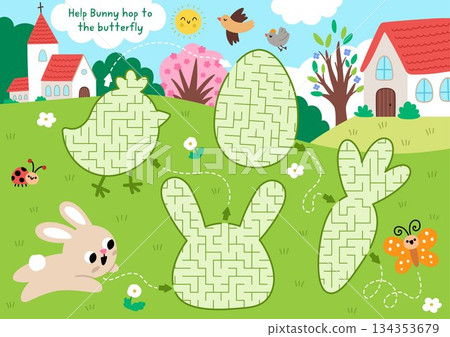 Easter village maze for children with geometrical chick, carrot, bunny, egg. Funny labyrinth game with cute hare. Spring holiday printable activity, worksheet with rural country scene, cottage, 134353679