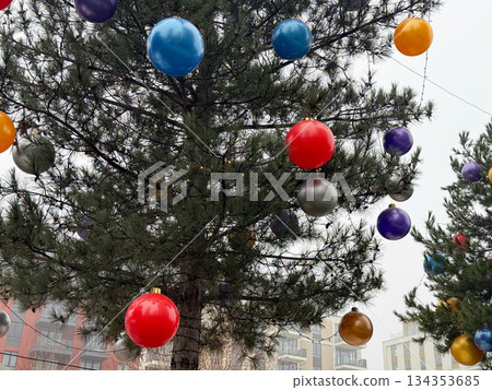Decorated pine trees with colorful Christmas balls against cloudy winter sky. Festive outdoor installation, seasonal celebration and urban holiday mood. Decorated pine trees with colorful Christmas balls against cloudy winter sky. Festive outdoor installation, seasonal celebration and urban holiday mood. 134353685