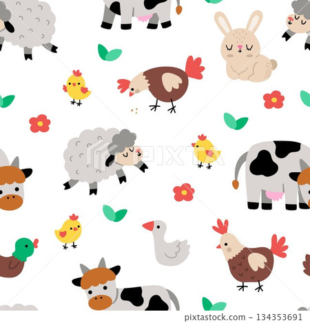 Vector seamless pattern with farm animals and birds. Cute Easer repeat background with bunny, chicks, cow, sheep, hen, duck, goose. Festive digital paper for kids. Spring holiday texture 134353691