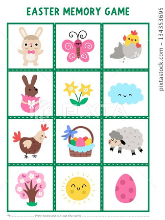 Vector Easter memory game cards with cute holiday symbols. Spring matching activity. Remember and find correct card. Simple printable worksheet for kids with bunny, egg, basket, chick, hen, sun 134353695