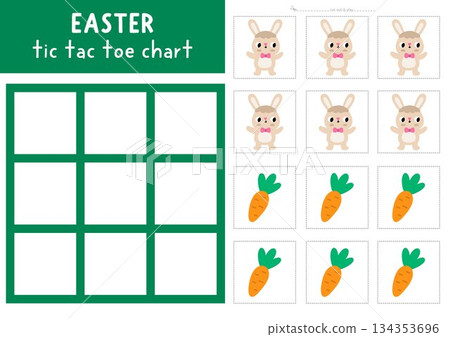 Vector Easter village tic tac toe chart with holiday symbols. Spring board game playing field with cute characters. Funny printable worksheet. Noughts and crosses grid with bunny and carrot 134353696