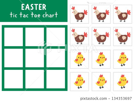 Vector Easter village tic tac toe chart with holiday symbols. Spring board game playing field with cute characters. Funny printable worksheet. Noughts and crosses grid with hen and chick 134353697