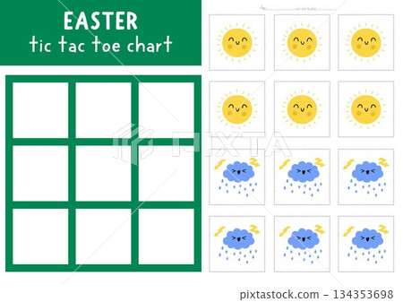 Vector Easter village tic tac toe chart with weather elements. Spring holiday board game playing field with. Funny printable worksheet. Noughts and crosses grid with rainy cloud and sun 134353698